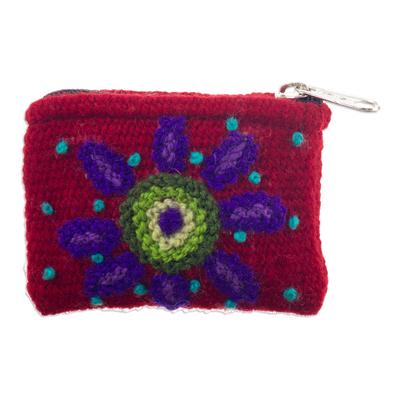 Cactus Bloom,'Handloomed Floral Burgundy Wool Coin Purse from Peru'