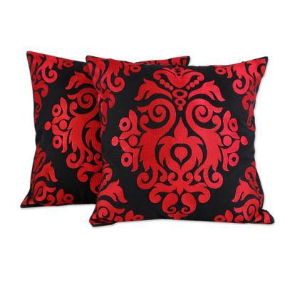 Cotton cushion covers, 'Crimson Beauty' (pair)