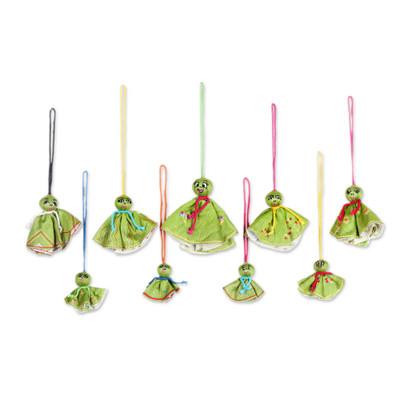 Green Chekutty Dolls,'Set of 9 Embroidered Viscose Doll Holiday Ornaments in Green'