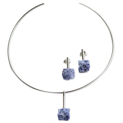 Ocean Ice,'Rhodium Plated Choker and Earrings With Blue Sodalite'