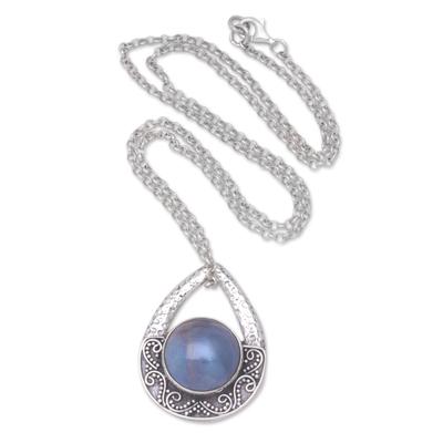 Pearly Drop,'Sterling Silver Pendant Necklace with Blue Cultured Pearl'