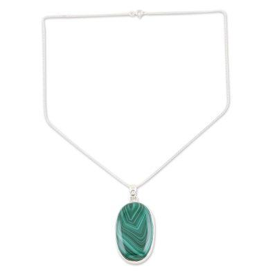 Verdant Memories,'Bezel-Set Malachite Cabochon Pendant Necklace'
