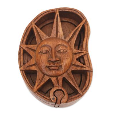 Sun's Treasure,'Hand Made Suar Wood Puzzle Box with Sun Motif'