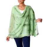 Cotton and silk blend shawl, 'Green Paisley Dreams'