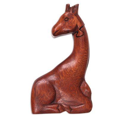 Resting Giraffe,'Hand Carved Giraffe Shape Wood Puzzle Box from Indonesia'