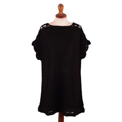 Cecilia in Black,'Knitted Short Sleeve Baby Alpaca Poncho in Black from Peru'