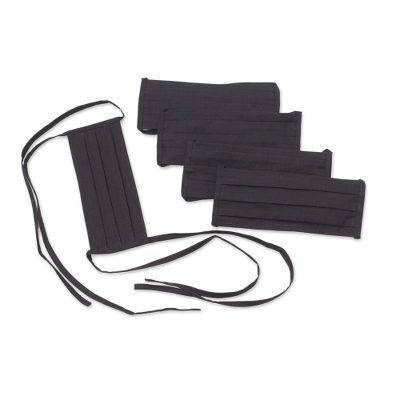 Three Pleats,'Set of 5 Artisan Crafted Tie-On Black Cotton Face Masks'