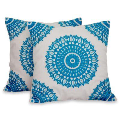 Cool Turquoise Mandalas,'Embroidered Blue on White Cushion Covers from India (Pair)'