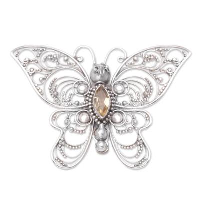 Glowing Butterfly,'Sterling Silver Butterfly Filigree Brooch with Citrine Stone'