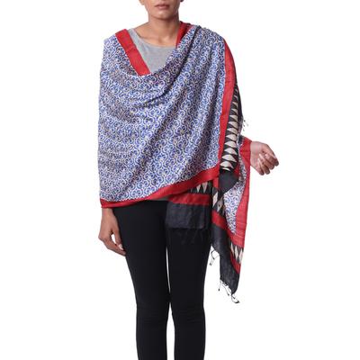 Sapphire Crests,'Hand Woven Indian Silk Shawl in Sapphire Crimson and Black'