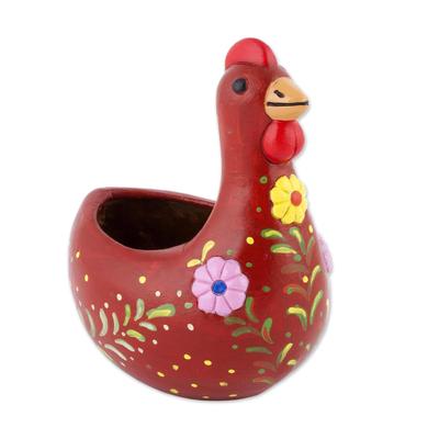 Songs of Dawn,'Handcrafted Red Ceramic Chicken Sculpture from Peru'