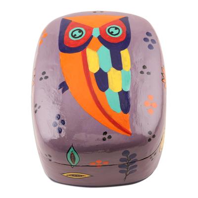 Owl Story in Dusty Lavender,'Hand Painted Owl-Themed Decorative Box'
