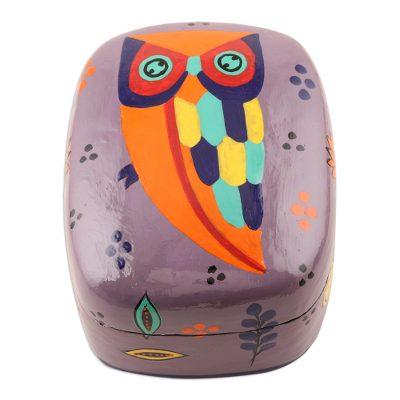 Owl Story in Dusty Lavender,'Hand Painted Owl-Themed Decorative Box'