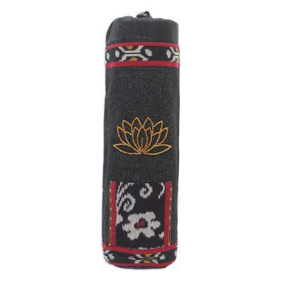 Large Lotus Lagoon in Black,'Ikat Cotton Yoga Mat Carrier with Glass Bead Accent'