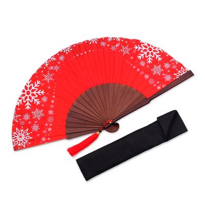 Let It Snow,'Snowflake Motif Silk Hand Fan Crafted in Bali'