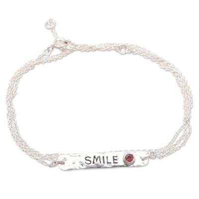 Passion Smile,'Sterling Silver Wrap Pendant Bracelet with Garnet Stone'
