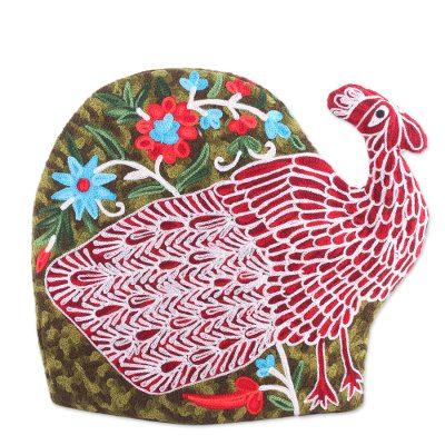 'Peacock-Shaped Aari Embroidered Wool Tea Cozy from India'