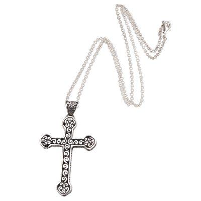 Cross Curls,'Sterling Silver Cross Pendant Necklace from Bali'
