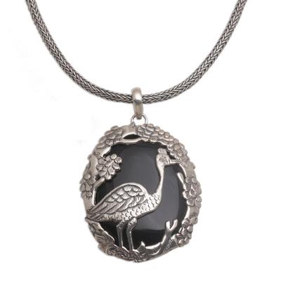 Mother Heron,'Onyx and Sterling Silver Bird-Themed Necklace from Bali'