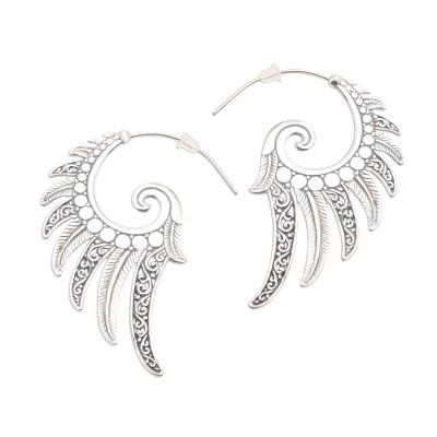 Feathered Garland,'Feather Motif Sterling Silver Half-Hoop Earrings'