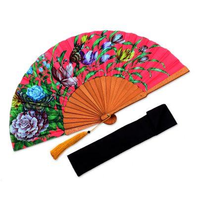 Passionate Garden,'Floral Silk Hand Fan in Strawberry from Bali'