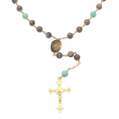 Fascinating Cross,'Gold Plated Labradorite and Amazonite Rosary from Bali'