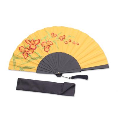 Amber Garden,'Floral Embroidered Silk Hand Fan in ...