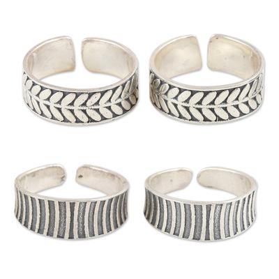 Leaves and Stripes,'Leafy and Striped Sterling Silver Toe Rings (2 Pairs)'