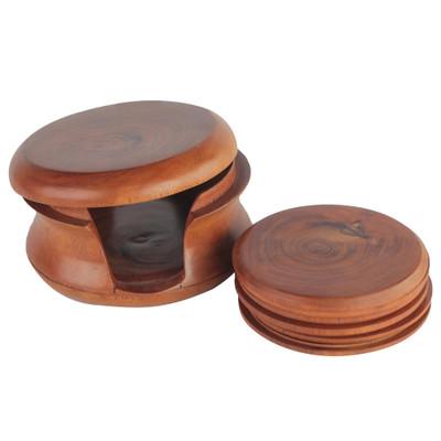 Tree Rings,'Round Mahogany Wood Coasters and Container (Set of 6)'