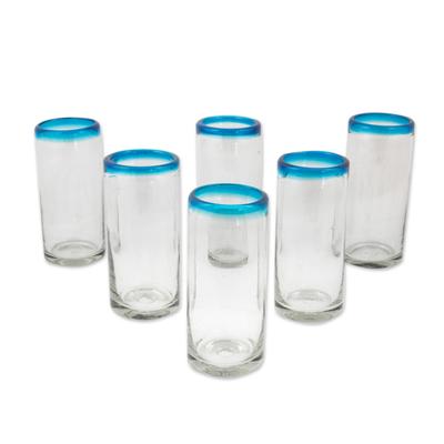 Blown glass high ball glasses, 'Aquamarine Kiss' (set of 6)