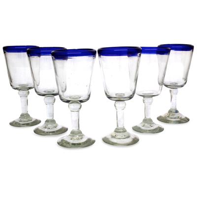 'Chardonnay' (set of 6) - Hand Blown Wine Glasses Set of 6 Blue Rim Goblets Mexico