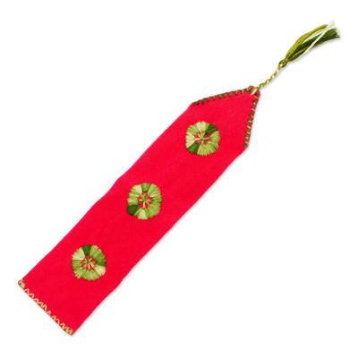 Storyteller,'Red Hand Woven Cotton Bookmark with Embroidery'