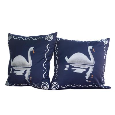 Swan Song in Blue,'Blue Cotton Swan-Motif Cushion Covers (Pair)'