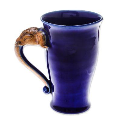 'Thai Elephant-Themed Celadon Ceramic Mug in Blue'