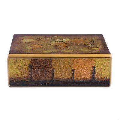 'Golden World Map Reverse-Painted Glass Wood Decorative Box'
