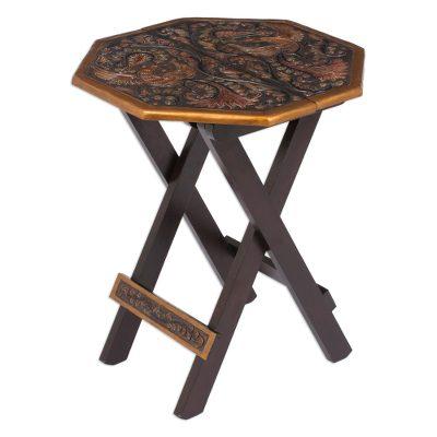 Mohena wood and leather folding table, 'Octagonal Birds of Paradise'