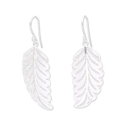 Daun Pakis,'Leafy Sterling Silver Filigree Dangle Earrings from Java'