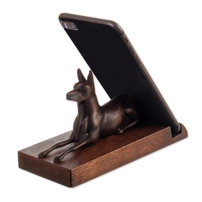 'Hand-Carved Polished Cedar Wood Peruvian Dog Phone Holder'