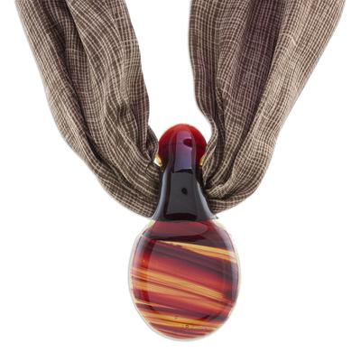 Distant Terrain,'Earthtones Art Glass Teardrop Pendant Silk Scarf Necklace'