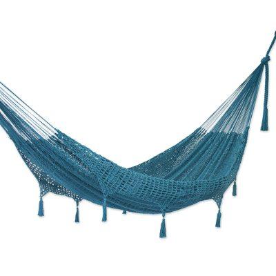 Veranda in Teal,'Handwoven Teal Cotton Hammock (Double) from Mexico'