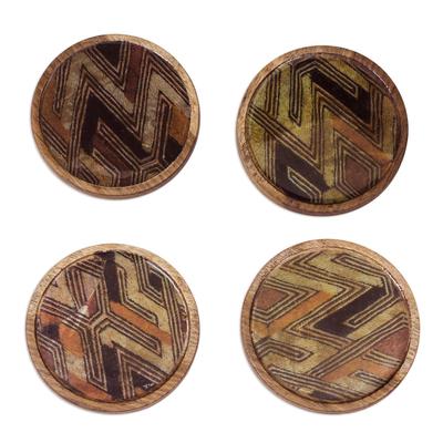 Intricate Lines,'Line Motif Wood and Cotton Coasters from Ghana (Set of 4)'