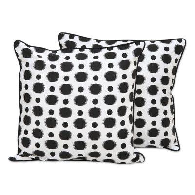 Spherical Delight,'2 Handmade Black and White Dotted Cotton Cushion Covers'