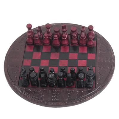 Burgundy Battle,'Leather Chess Set in Burgundy and Black from Ghana'