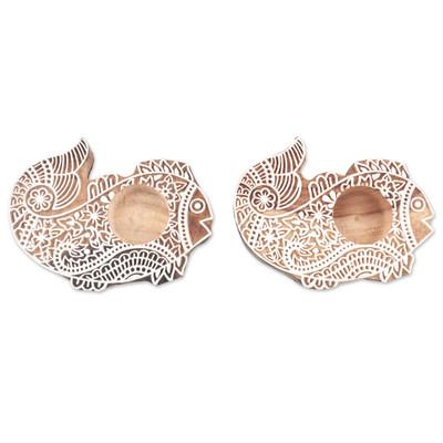 Finned Friends,'Mango Wood Tealight Candle Holders with Fish Motif (Pair)'