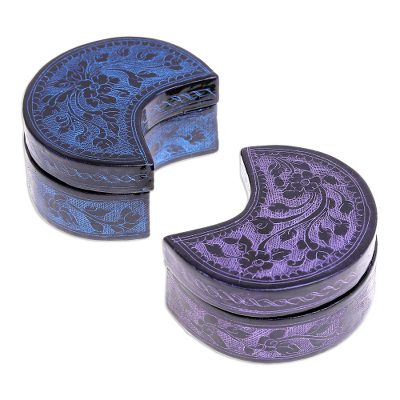 Crescent Dream in Midnight,'Blue and Purple Decorative Lacquerware Wood Boxes (Pair)'