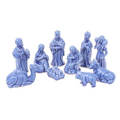 Holy Night in Blue,'Blue Celadon Ceramic 10-Piece Nativity Scene'