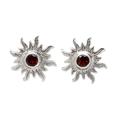 Crimson Sunlight,'Sterling Silver Sun Button Earrings with Garnet Gems'