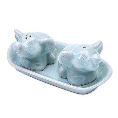 Cheeky Elephants in Aqua,'Elephant Salt and Pepper Set in Aqua Celadon (3 Pieces)'