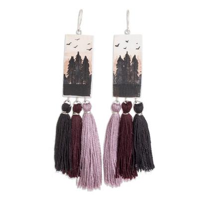 Beloved Forests,'Hand-Painted Cedarwood Dangle Earrings with Tassels'