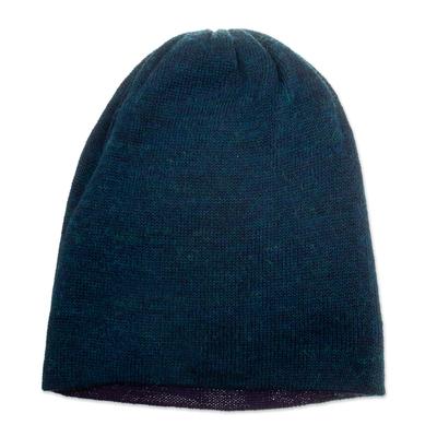 Peacock Trends,'Knit Reversible Baby Alpaca Hat in Indigo and Peacock Hues'